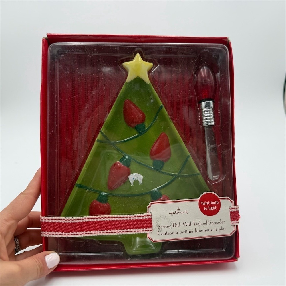 Hallmark Christmas Tree Ceramic Serving Dish Lighted Bulb Spreader Set‎